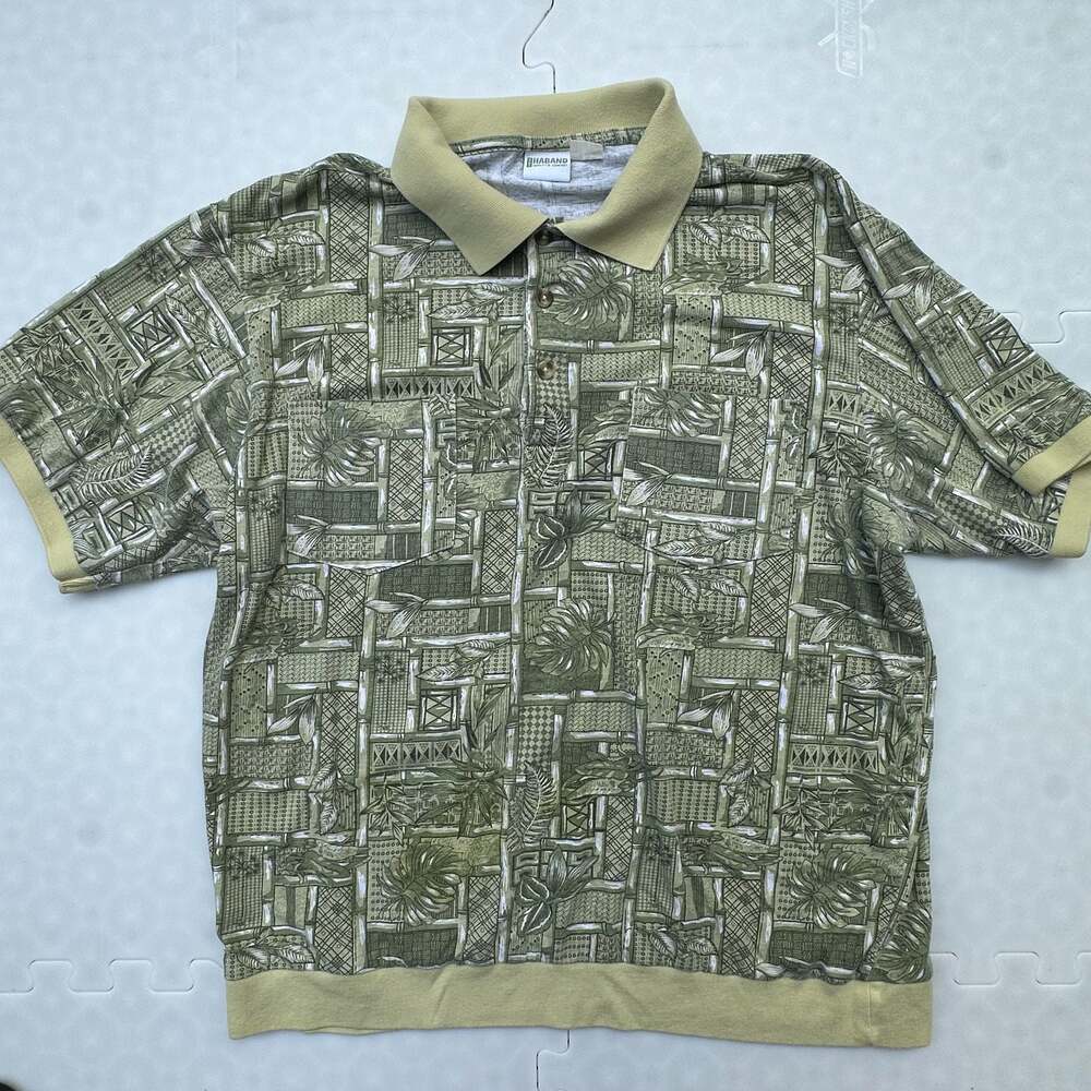 Haband Casual Joe Men's Green Tropical Bamboo Banded Polo Shirt Grandpacore